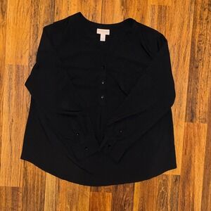 Pure Energy Womens 2X Black Blouse Long Sleeve Button Split Neck Plus Size Top